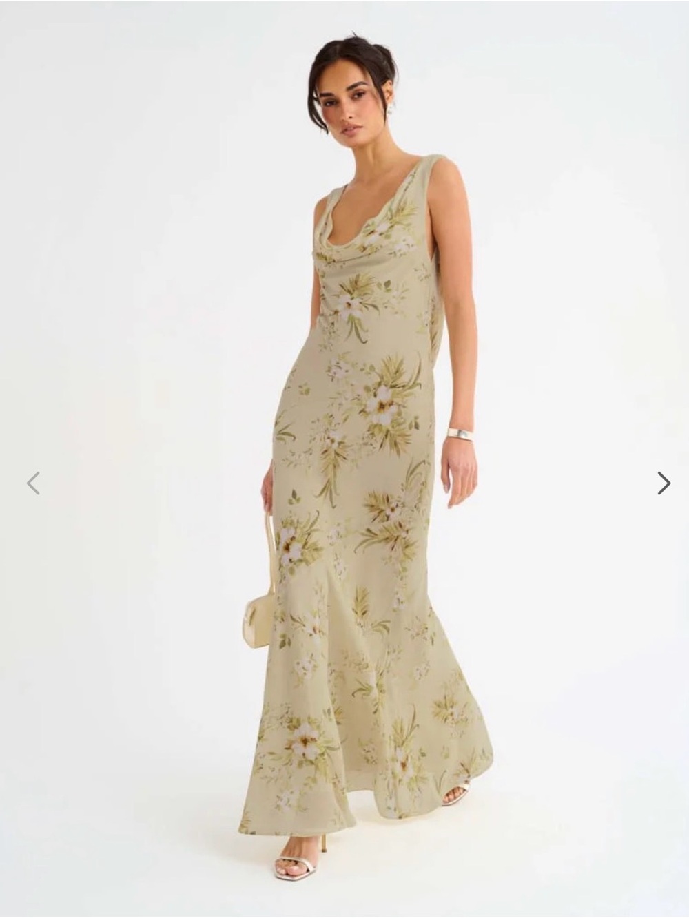 Rumored Hollywood Gown Sage Floral Cowl-Neck Maxi Dress
